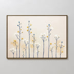 The Meadow Symphony Canvas Art - Horizontal showcases delicate tall flower stems with blue, yellow, and white buds on a light beige background, adding minimalist elegance and perfect spring meadow decor to any space.