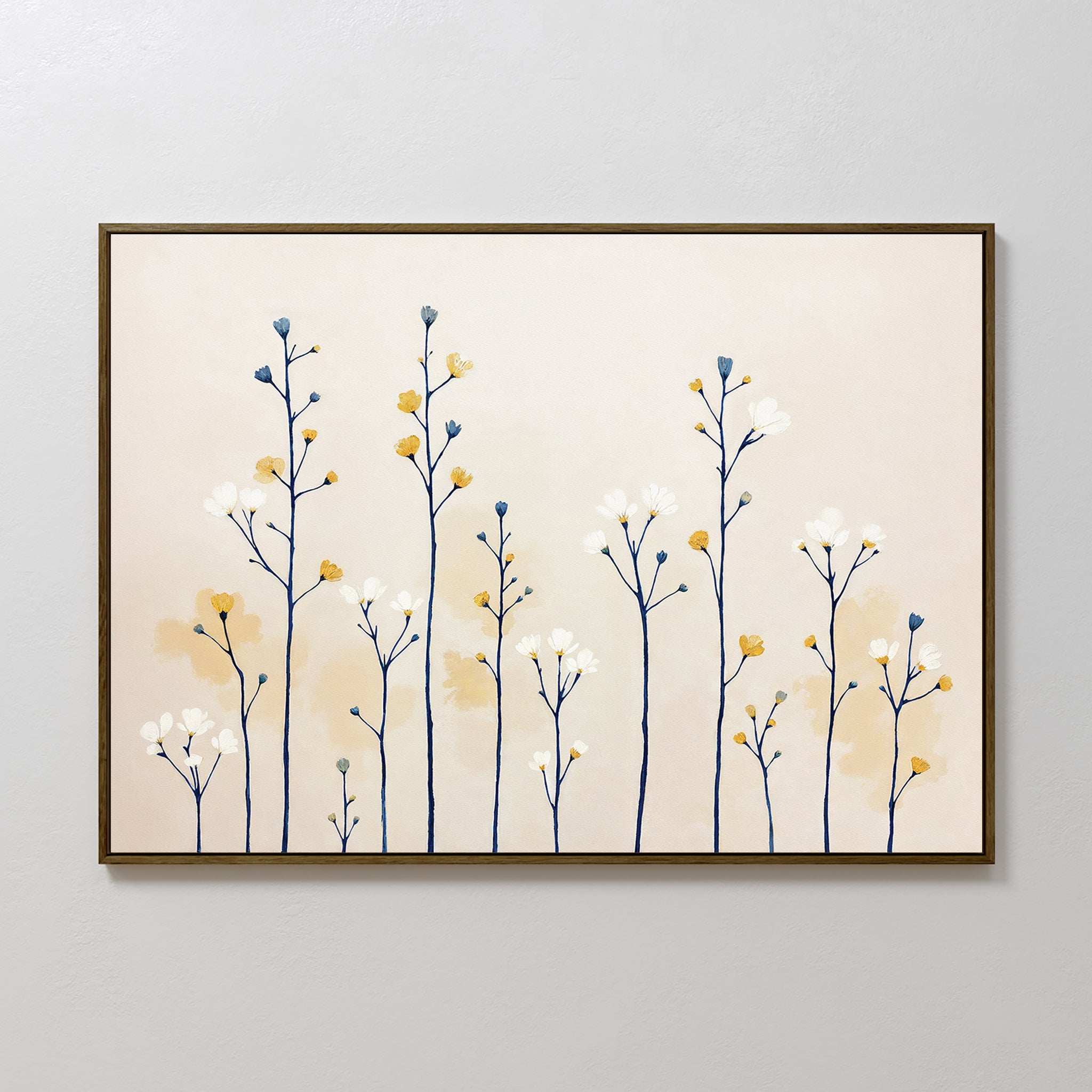 The Meadow Symphony Canvas Art - Horizontal showcases delicate tall flower stems with blue, yellow, and white buds on a light beige background, adding minimalist elegance and perfect spring meadow decor to any space.