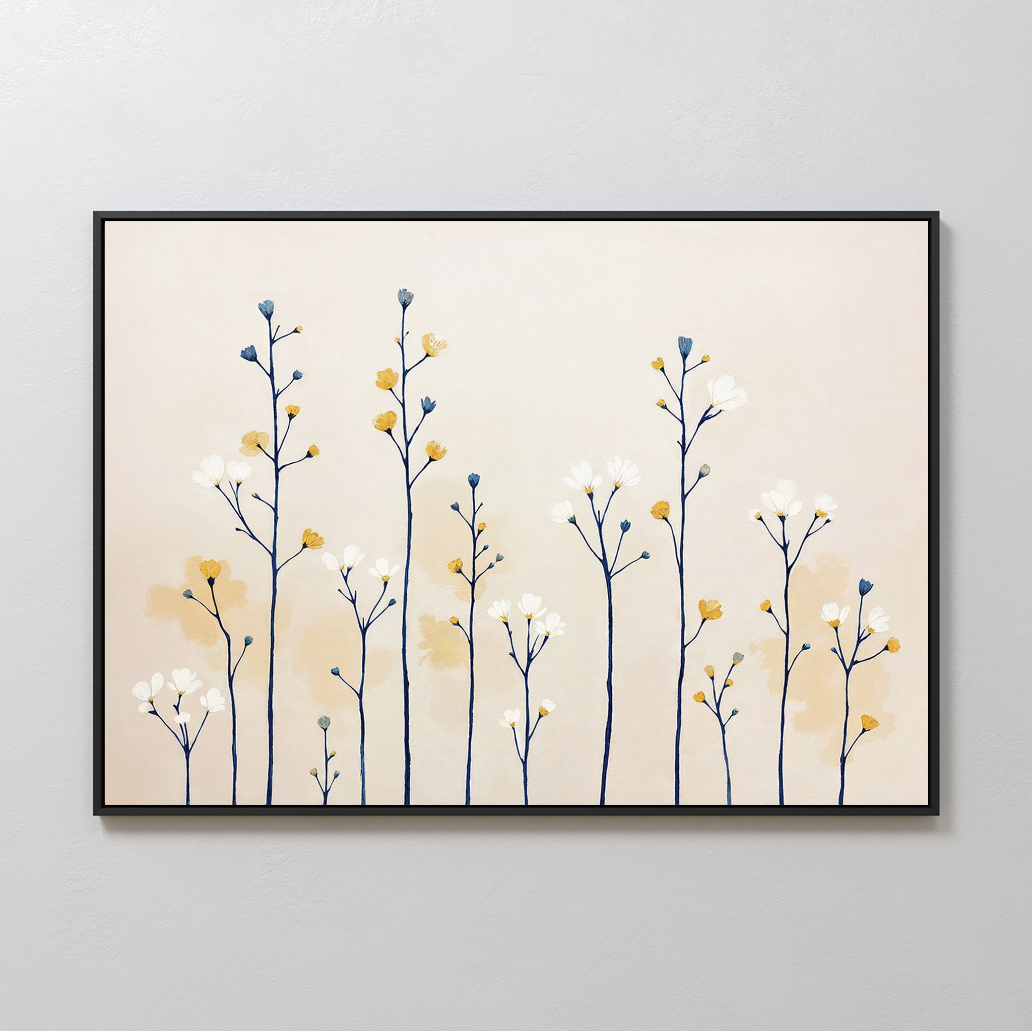 Meadow Symphony Canvas Art - Horizontal features delicate, minimalist wildflowers with thin blue stems and yellow, white, and blue blooms on a light beige background—perfect spring meadow decor for any modern space.