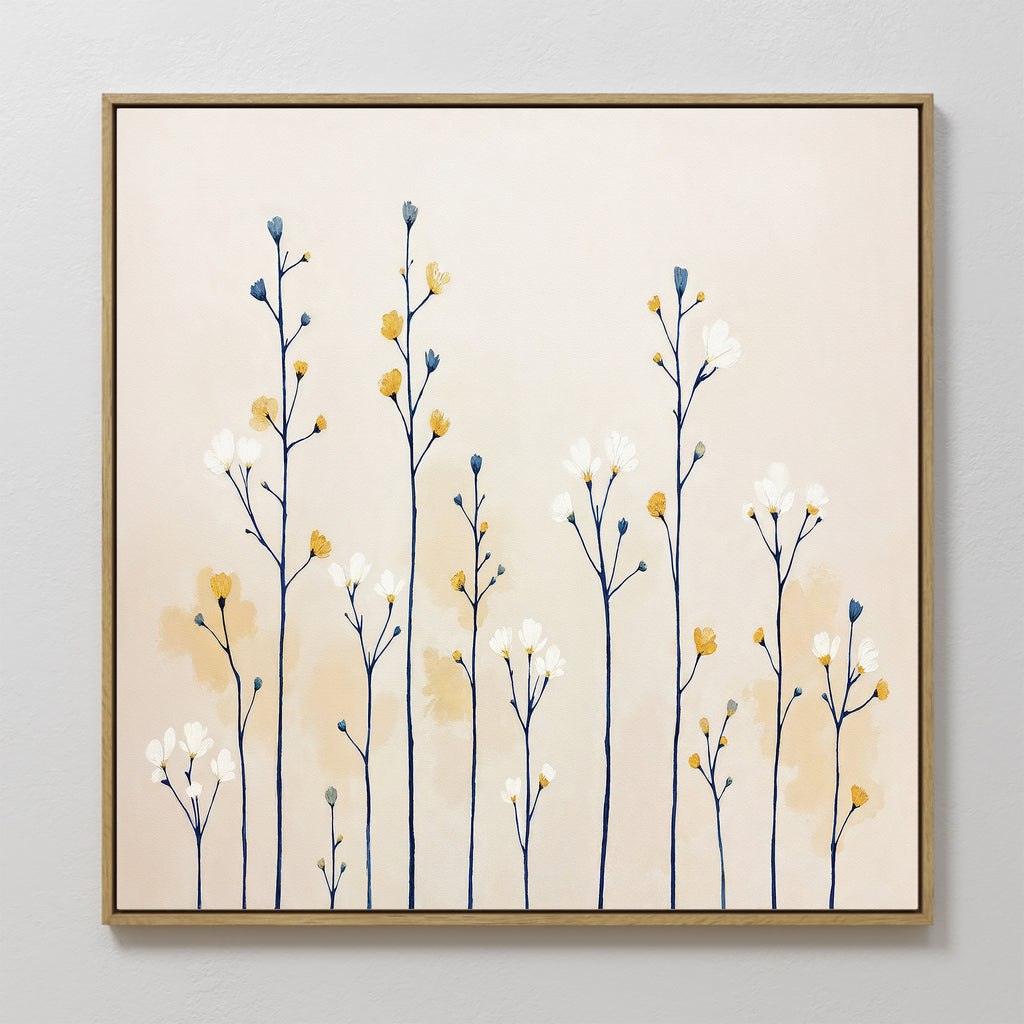 The Meadow Symphony Canvas Art - Square features a minimalist botanical design of tall, delicate floral stems with white, yellow, and blue blossoms set against a soft beige background, bringing serene wildflower charm to your space.