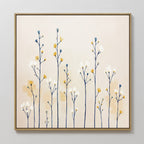 The Meadow Symphony Canvas Art - Square features a minimalist botanical design of tall, delicate floral stems with white, yellow, and blue blossoms set against a soft beige background, bringing serene wildflower charm to your space.