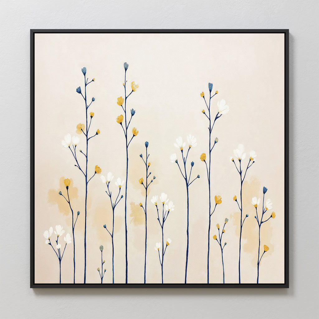 Meadow Symphony Canvas Art - Square features tall, slender flower stems with white and yellow blossoms and blue buds on a soft beige background, creating elegant wildflowers wall art ideal for spring meadow decor.