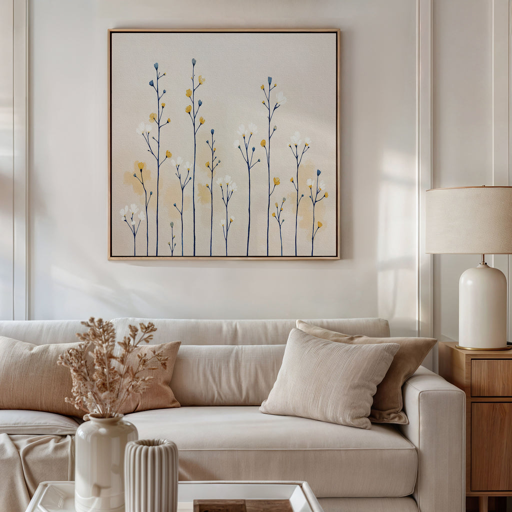 A modern living room with a white sofa, beige cushions, a wooden side table with a white lamp, and the Meadow Symphony Canvas Art - Square featuring minimalist blue and yellow flowers above the sofa for chic spring meadow decor.
