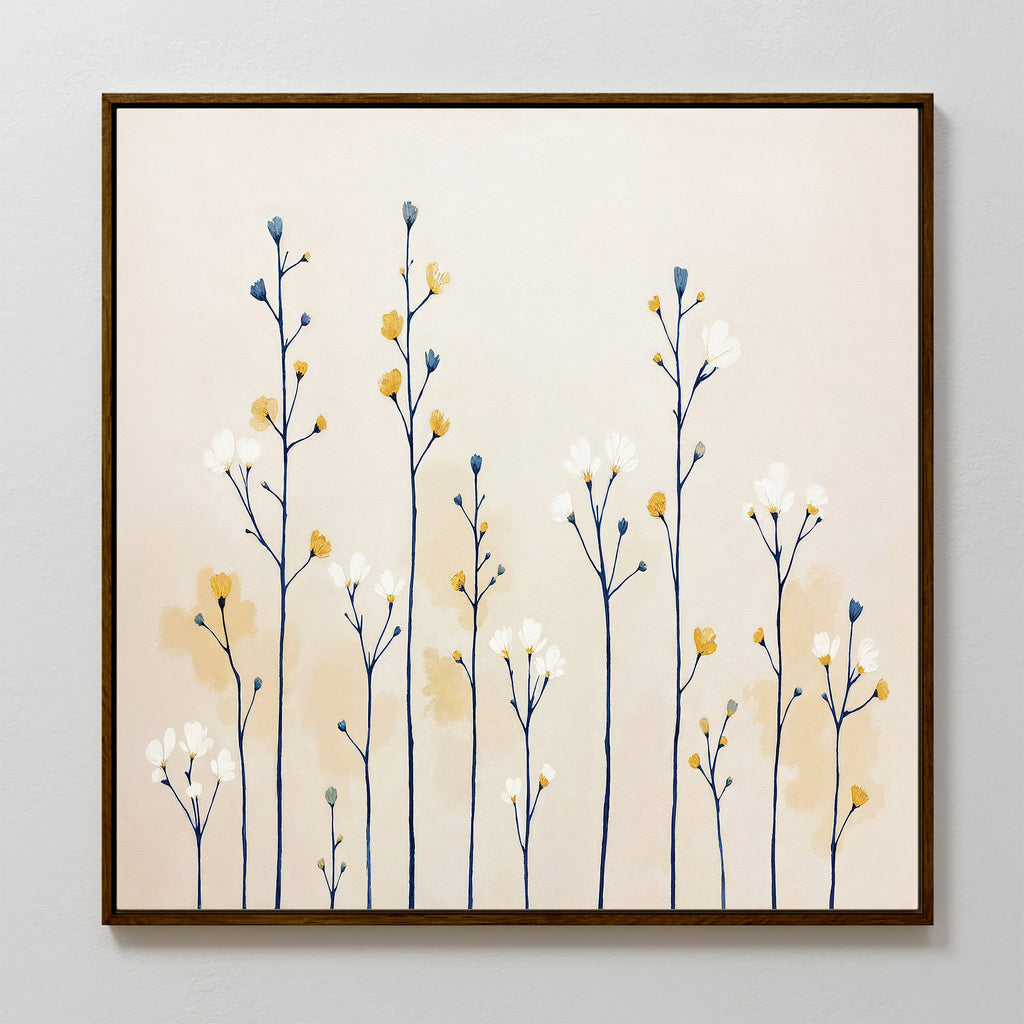 The Meadow Symphony Canvas Art - Square features minimalist tall flower stems with white, yellow, and blue blossoms on a pale beige background in a simple dark frame—ideal for spring meadow-inspired decor.