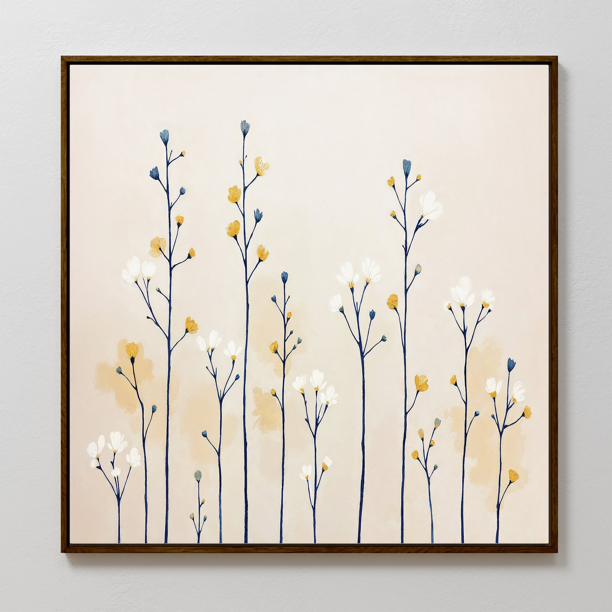The Meadow Symphony Canvas Art - Square features minimalist tall flower stems with white, yellow, and blue blossoms on a pale beige background in a simple dark frame—ideal for spring meadow-inspired decor.