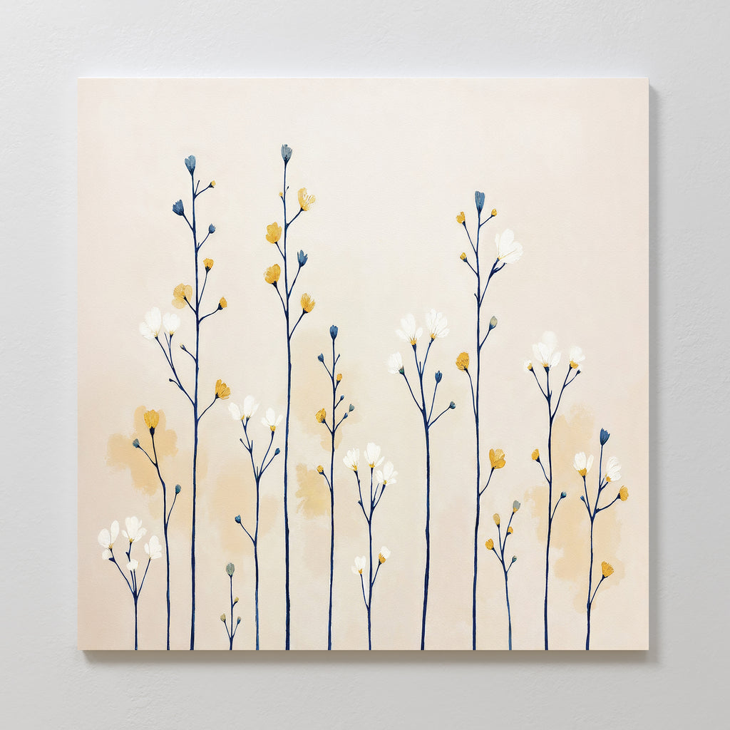 Meadow Symphony Canvas Art - Square features minimalist wildflowers with blue, yellow, and white blooms on a light beige background, adding a calm, modern touch to any space.
