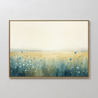 The Meadow Whispers Canvas Art - Horizontal features a tranquil field of blue, white, and yellow wildflowers under a soft yellow sky, bringing a peaceful impressionistic landscape to your space.