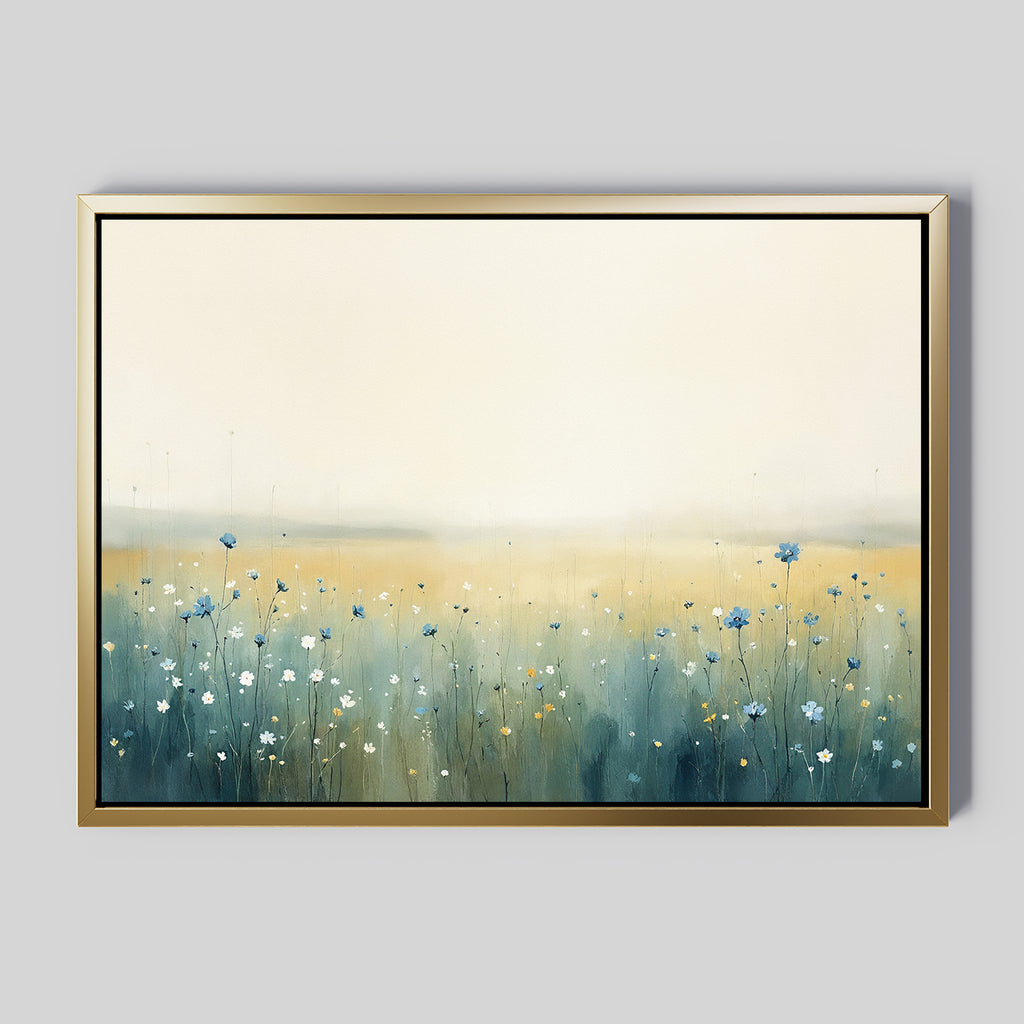 The Meadow Whispers Canvas Art - Horizontal features a misty field with blue and white wildflowers and soft golden skies, creating a calm, serene mood—perfect as wildflowers wall art for any space.