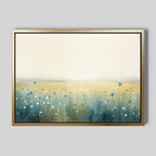 The Meadow Whispers Canvas Art - Horizontal features a misty field with blue and white wildflowers and soft golden skies, creating a calm, serene mood—perfect as wildflowers wall art for any space.