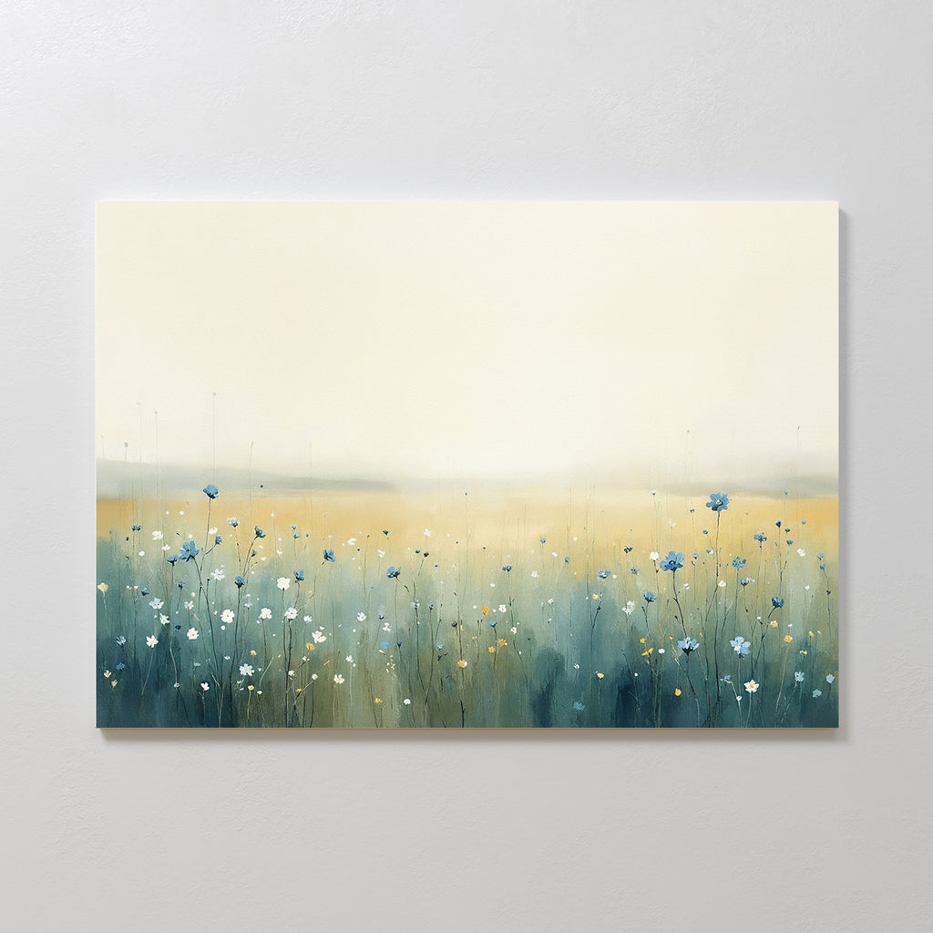 Meadow Whispers Canvas Art - Horizontal features a misty meadow with tall grass and blue and white wildflowers fading into a pale, foggy sky. This impressionistic landscape brings minimalist, calming vibes in muted green, yellow, and cream tones.