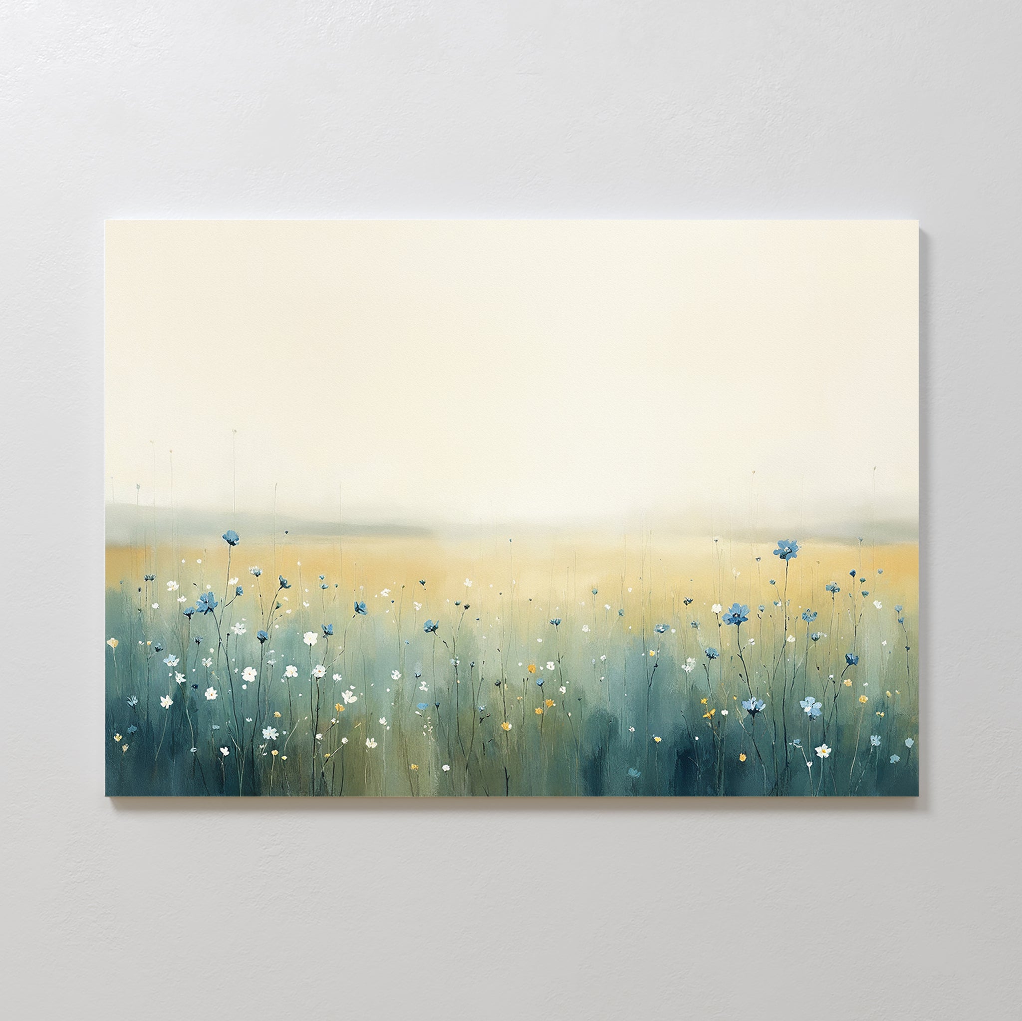 Meadow Whispers Canvas Art - Horizontal features a misty meadow with tall grass and blue and white wildflowers fading into a pale, foggy sky. This impressionistic landscape brings minimalist, calming vibes in muted green, yellow, and cream tones.