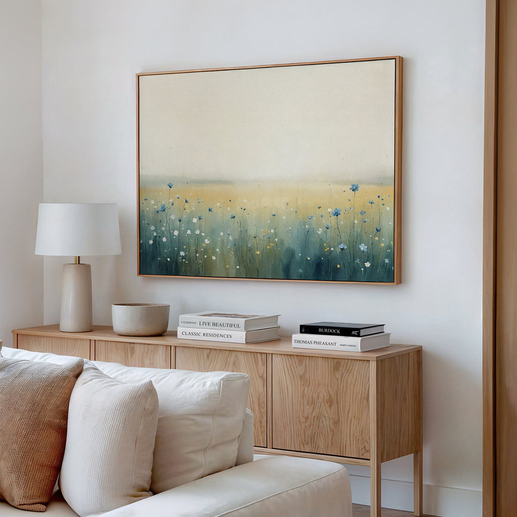 A bright, minimal living room features a wooden sideboard, white lamp, and books. Above it hangs the Meadow Whispers Canvas Art - Horizontal—a serene impressionistic landscape in soft pastels. A white sofa sits invitingly in the foreground.