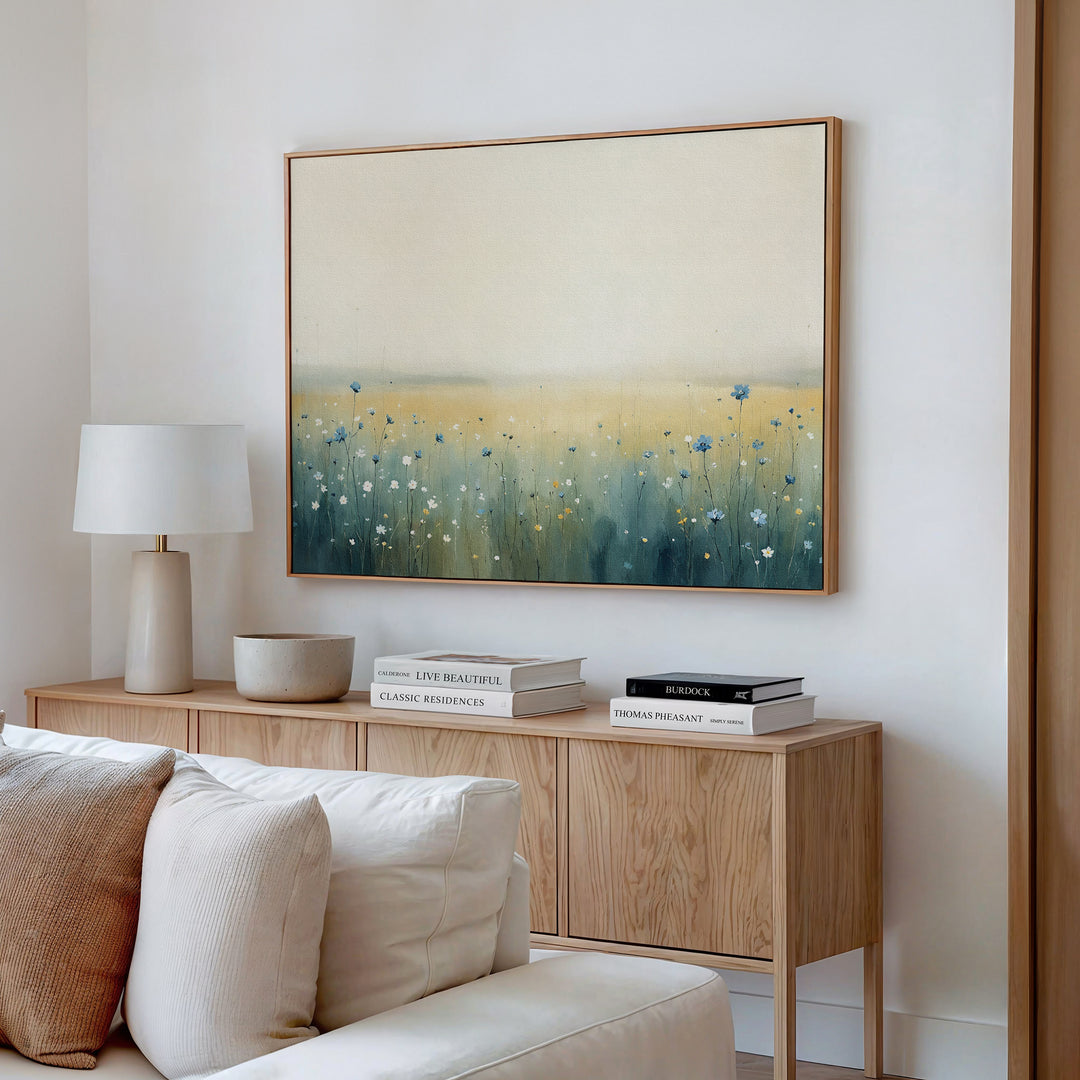 A bright, minimal living room features a wooden sideboard, white lamp, and books. Above it hangs the Meadow Whispers Canvas Art - Horizontal—a serene impressionistic landscape in soft pastels. A white sofa sits invitingly in the foreground.