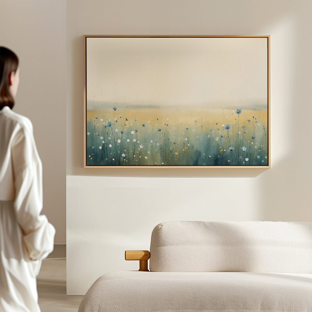 A person in a white shirt stands in a bright, minimal room, admiring the Meadow Whispers Canvas Art - Horizontal—an impressionistic blue and white wildflower landscape—displayed above a beige sofa.