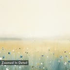 Meadow Whispers Canvas Art - Horizontal features a soft, minimalist watercolor of delicate blue and white wildflowers on a beige and cream background. The peaceful impressionistic landscape includes "Zoomed In Detail" in the bottom left corner.