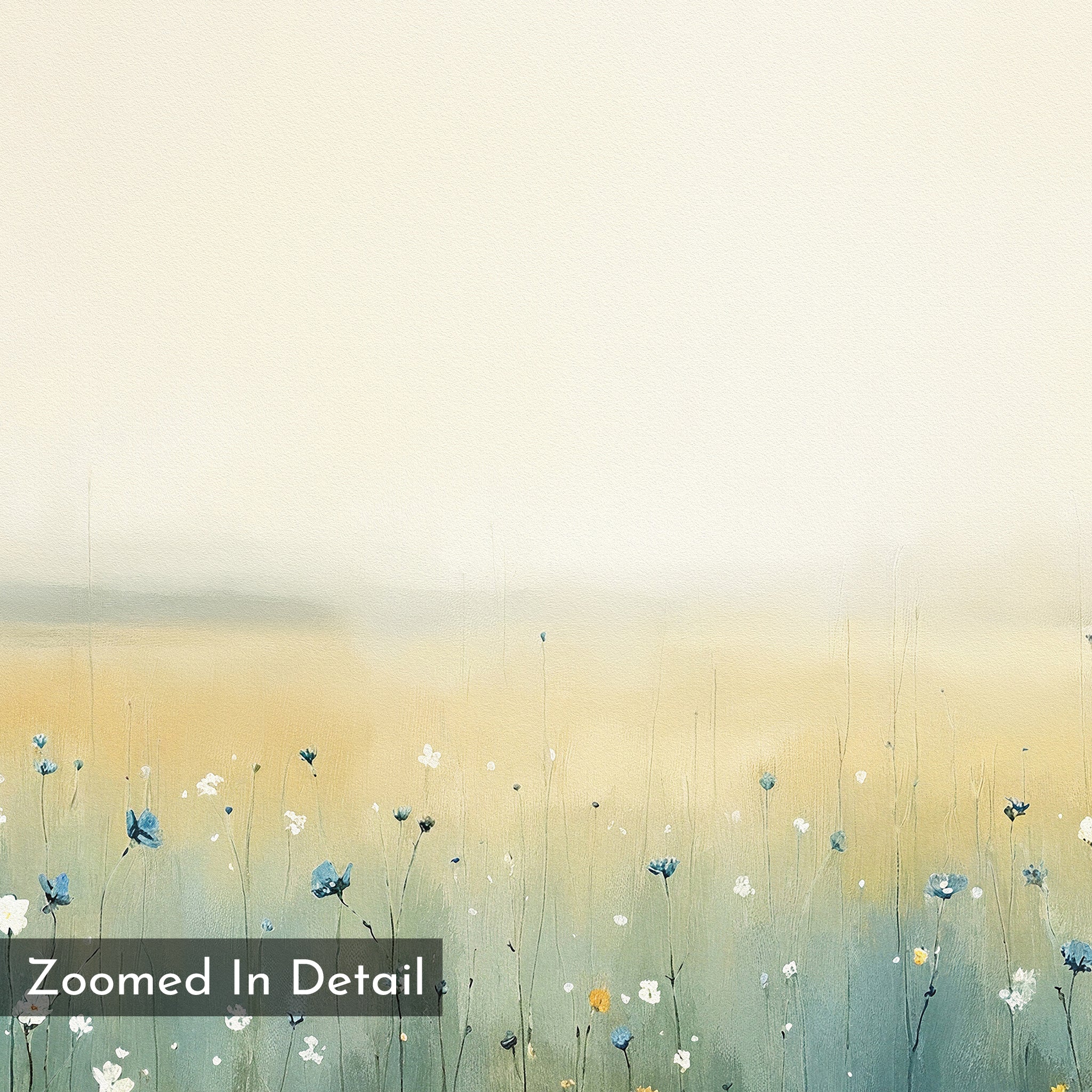 Meadow Whispers Canvas Art - Horizontal features a soft, minimalist watercolor of delicate blue and white wildflowers on a beige and cream background. The peaceful impressionistic landscape includes "Zoomed In Detail" in the bottom left corner.