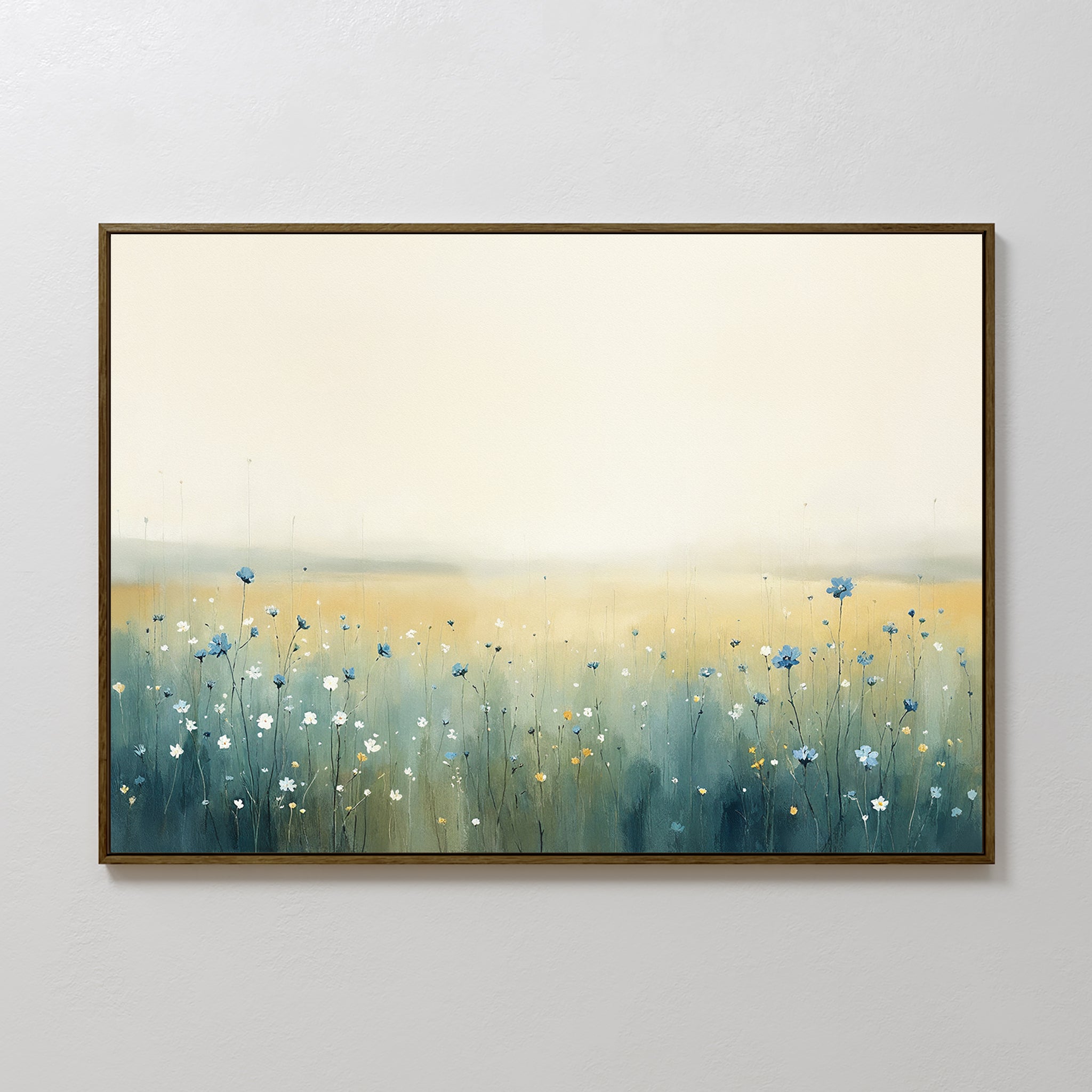 The Meadow Whispers Canvas Art - Horizontal features an impressionistic misty field with tall grasses and soft blue and white wildflowers fading into a pale sky, bringing a sense of tranquility to any space.