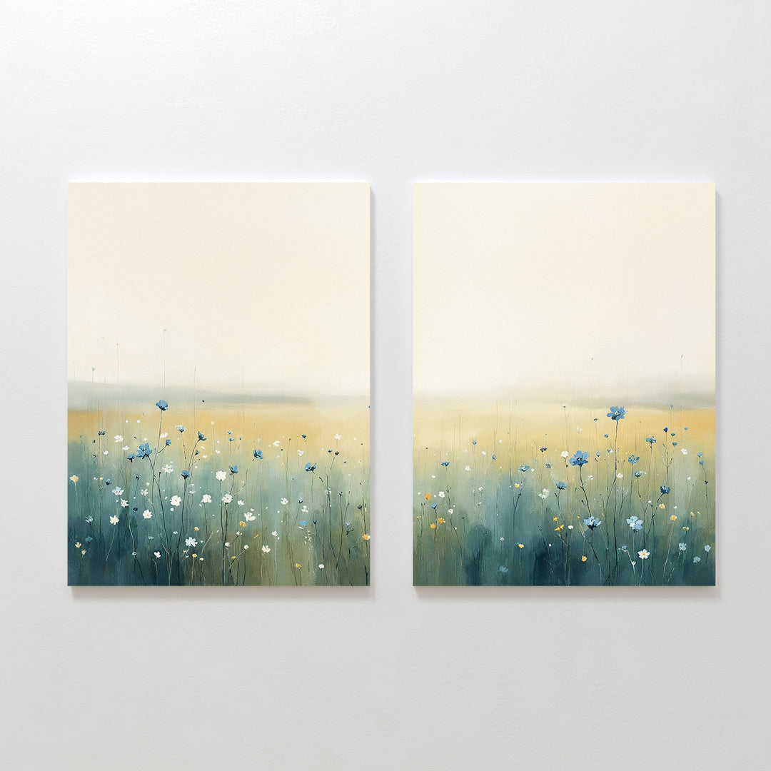 The Meadow Whispers - Set of 2 features canvas paintings of a serene meadow with tall grasses and delicate blue and white wildflowers under a hazy sky, creating calm, peaceful wall art for any space.