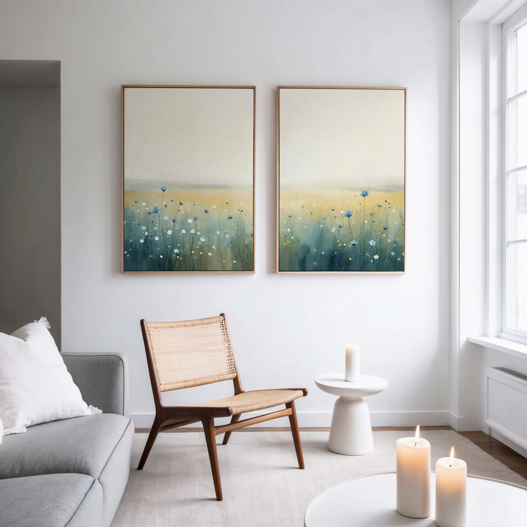 A modern living room with a light gray sofa, wooden chair with woven seat, small round white table, and lit candles. Above the chair, two large Meadow Whispers - Set of 2 canvas prints adorn the white wall.