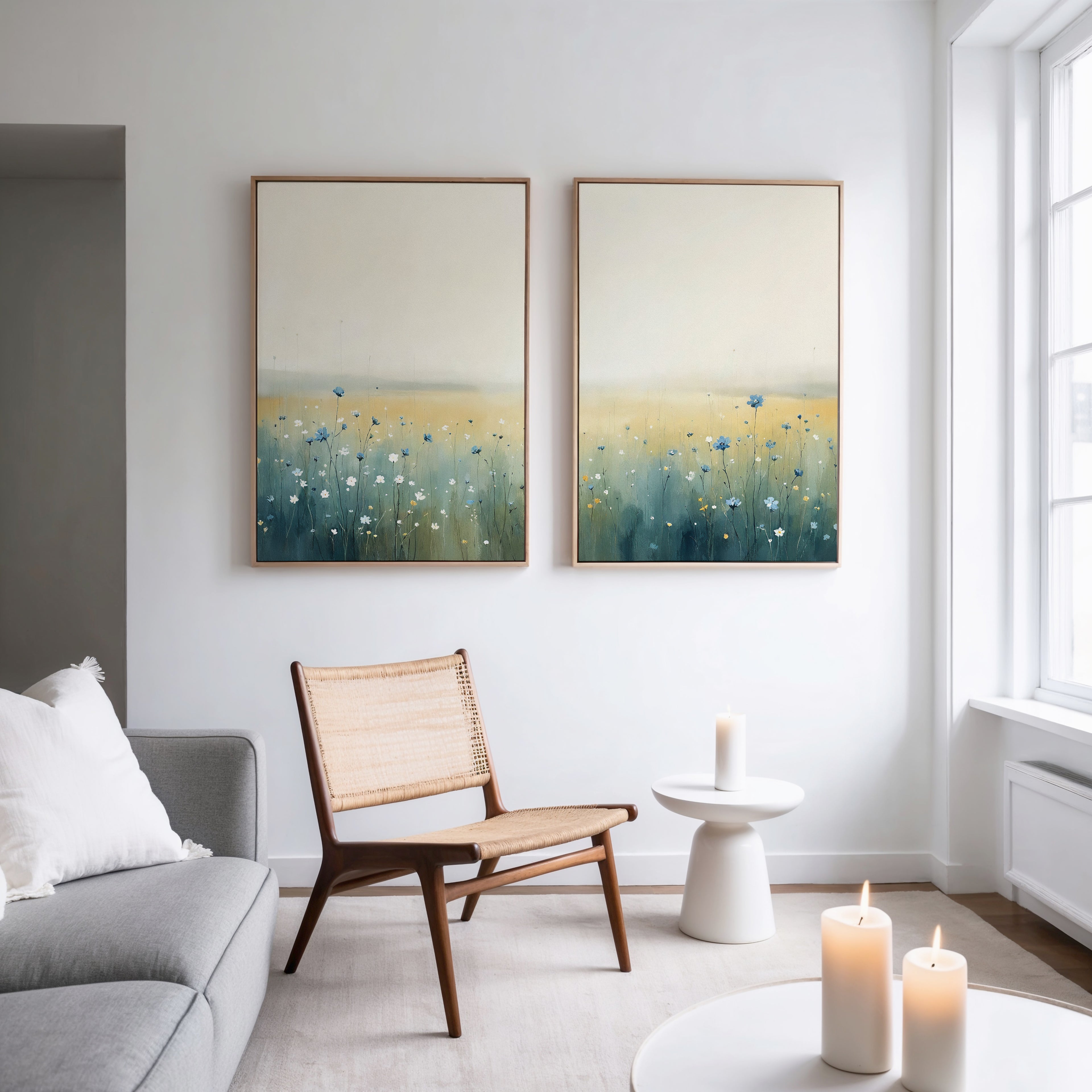 A modern living room with a light gray sofa, wooden chair with woven seat, small round white table, and lit candles. Above the chair, two large Meadow Whispers - Set of 2 canvas prints adorn the white wall.