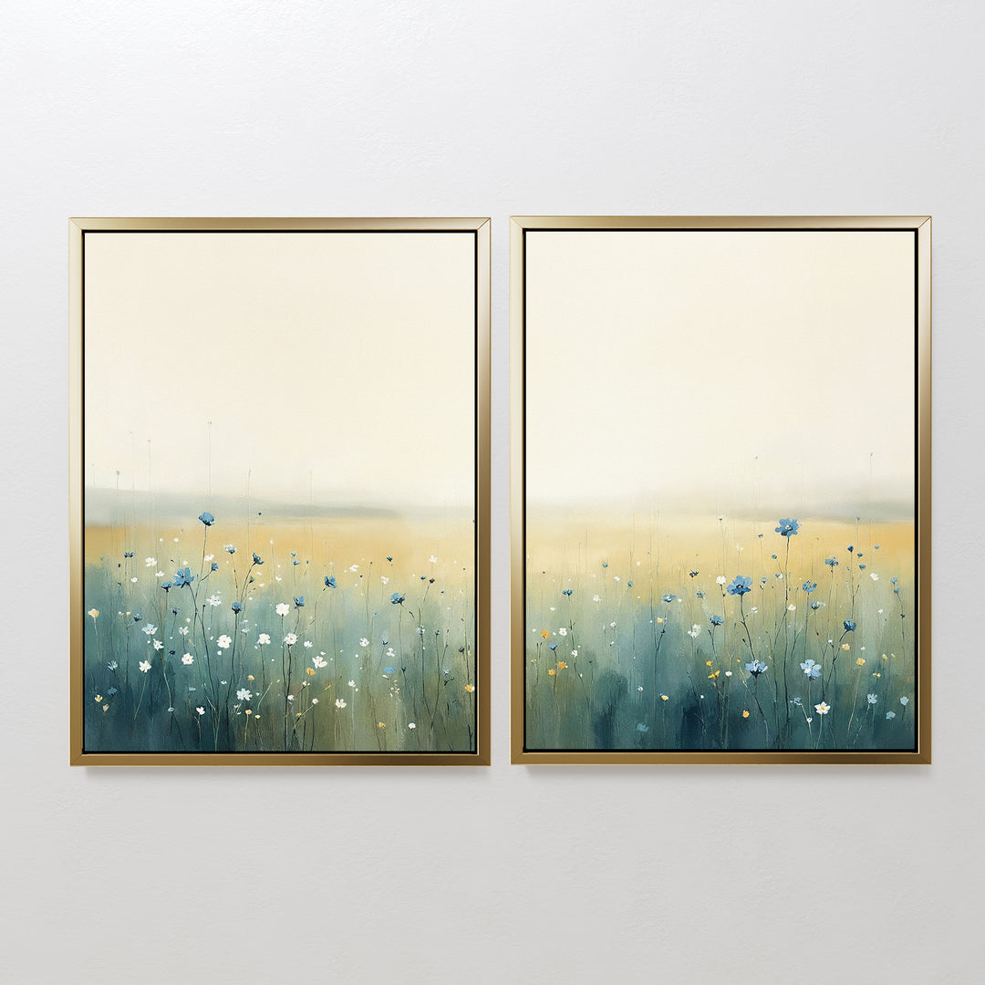 The Meadow Whispers - Set of 2 features framed impressionistic landscapes with blue and white wildflowers on a pale yellow-green background, bringing a calm, serene atmosphere—ideal as wildflower wall art for any space.