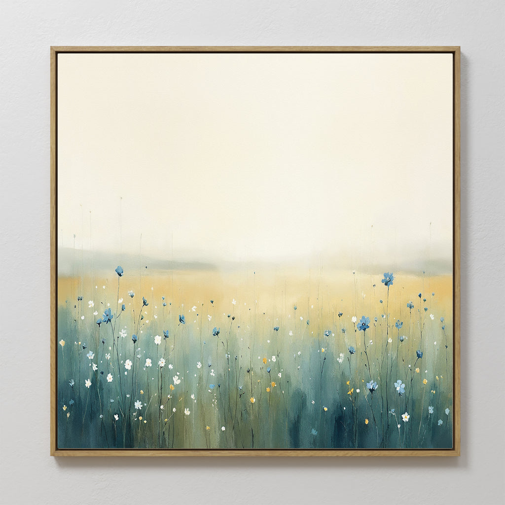 The Meadow Whispers Canvas Art - Square features an impressionistic landscape of vibrant wildflowers in a field, beautifully captured as a canvas print.