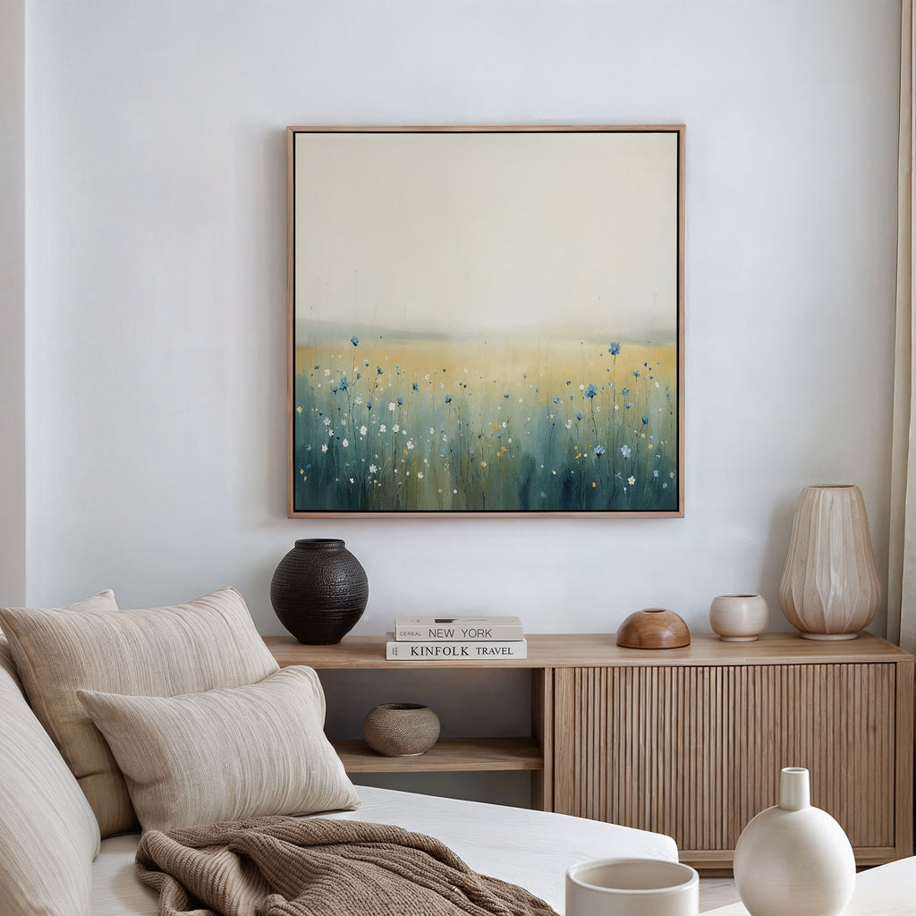 A modern, minimal living room in neutral tones features a beige sofa with cushions, a wooden sideboard with decor accents, and the Meadow Whispers Canvas Art - Square displaying impressionistic wildflowers in blue, green, and yellow on the wall.
