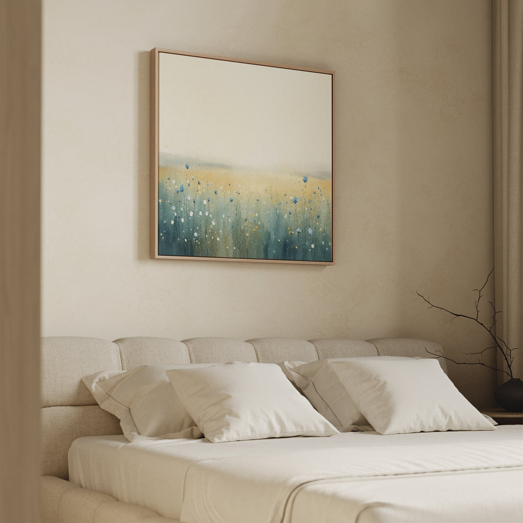A minimal, neutral-toned bedroom with a beige upholstered bed, cream bedding, and the Meadow Whispers Canvas Art - Square above the headboard, displaying blue, green, and yellow hues in an impressionistic landscape style.