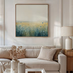 A modern living room features a beige sofa with matching cushions, a wooden side table with a white lamp, dried flowers in a vase, and the Meadow Whispers Canvas Art - Square showcasing blue and yellow wildflowers on the wall.