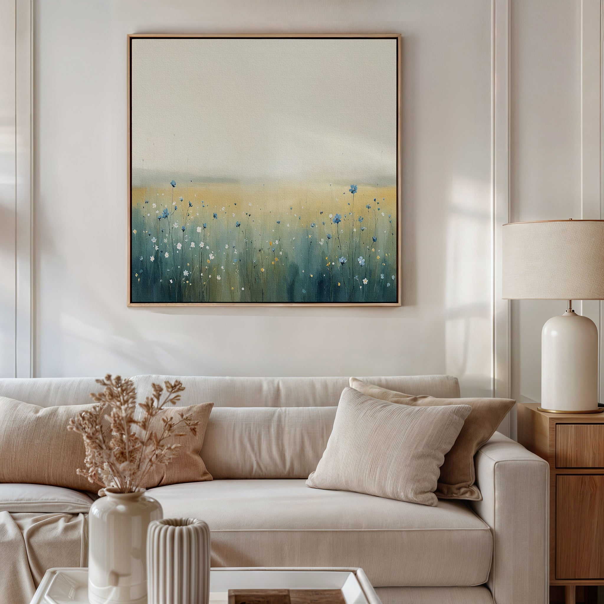 A modern living room features a beige sofa with matching cushions, a wooden side table with a white lamp, dried flowers in a vase, and the Meadow Whispers Canvas Art - Square showcasing blue and yellow wildflowers on the wall.