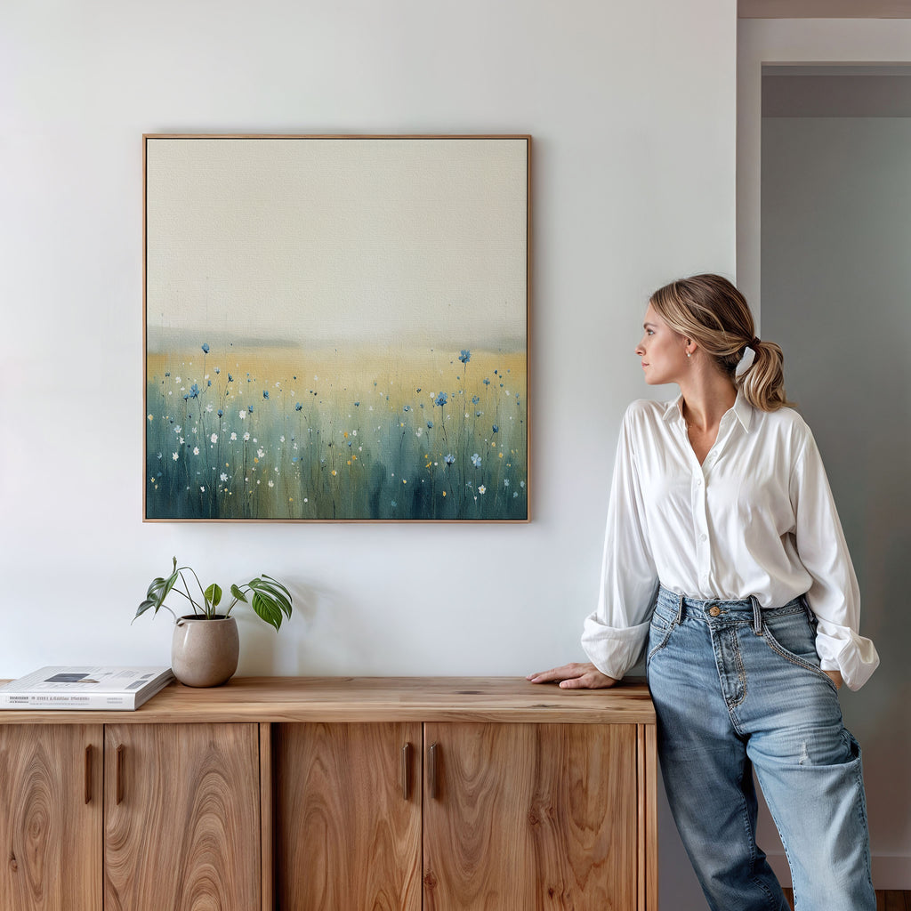 A woman in a white blouse and jeans leans on a wooden cabinet, gazing at the Meadow Whispers Canvas Art - Square, which showcases an impressionistic landscape with wildflowers and soft yellow-blue tones on the wall above her.