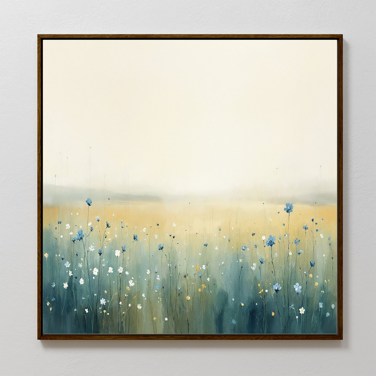 Meadow Whispers Canvas Art - Square: A framed impressionistic landscape featuring tall grasses and delicate blue and white wildflowers, with soft golden-green hues blending into a misty meadow and pale, hazy sky.