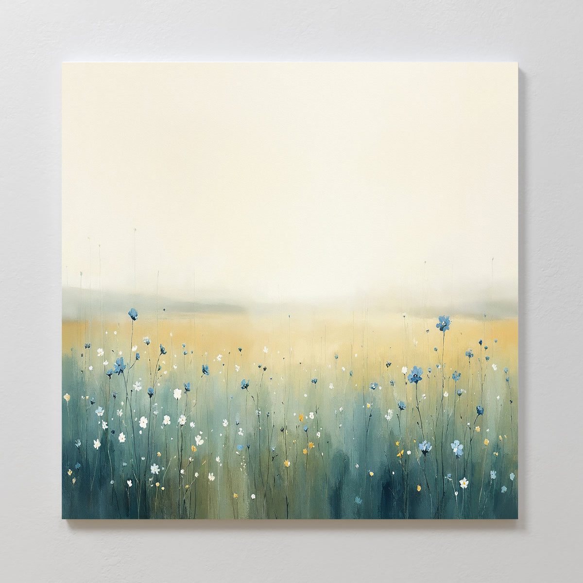 The Meadow Whispers Canvas Art - Square features a minimalist impressionistic landscape of blue and white wildflowers set against a soft, hazy yellow and cream sky, bringing calm and serenity to any space.