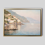 Bring serenity to your space with the "Mediterranean Dreams Canvas Art - Horizontal," featuring a peaceful coastal village, hillside houses, arched bridges, distant mountains, and a sailboat—perfect wall art for tranquil home decor.