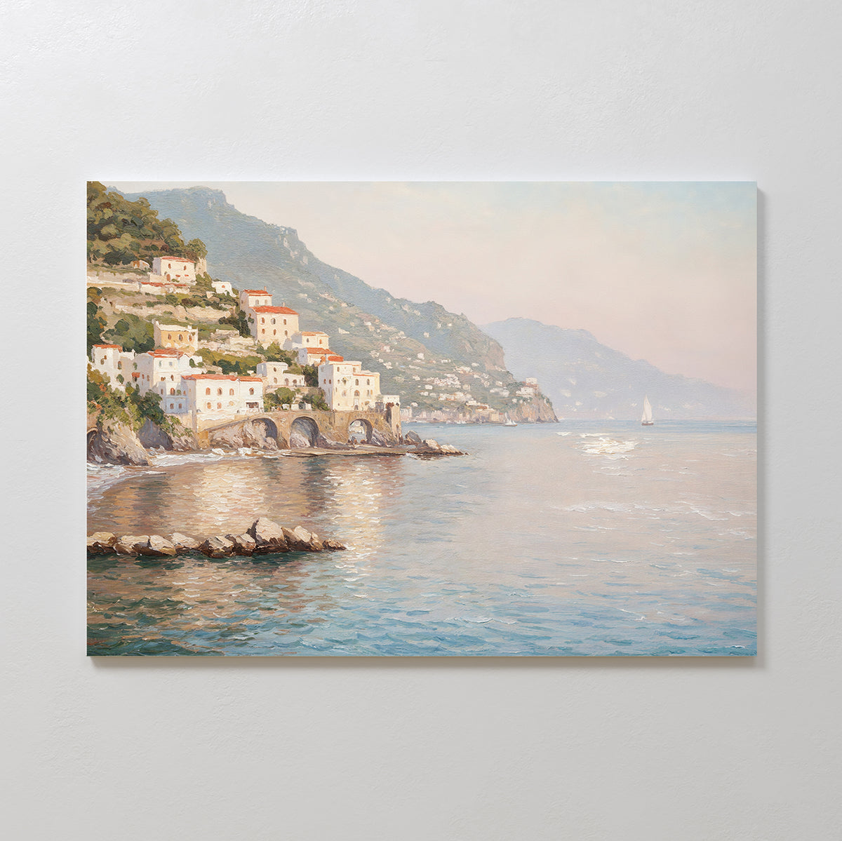 Mediterranean Dreams Canvas Art - Horizontal depicts a coastal village with white buildings and red roofs on a hillside above blue water, rocky cliffs, a sailboat, and a hazy sky—ideal for adding serene Mediterranean flair to your home.