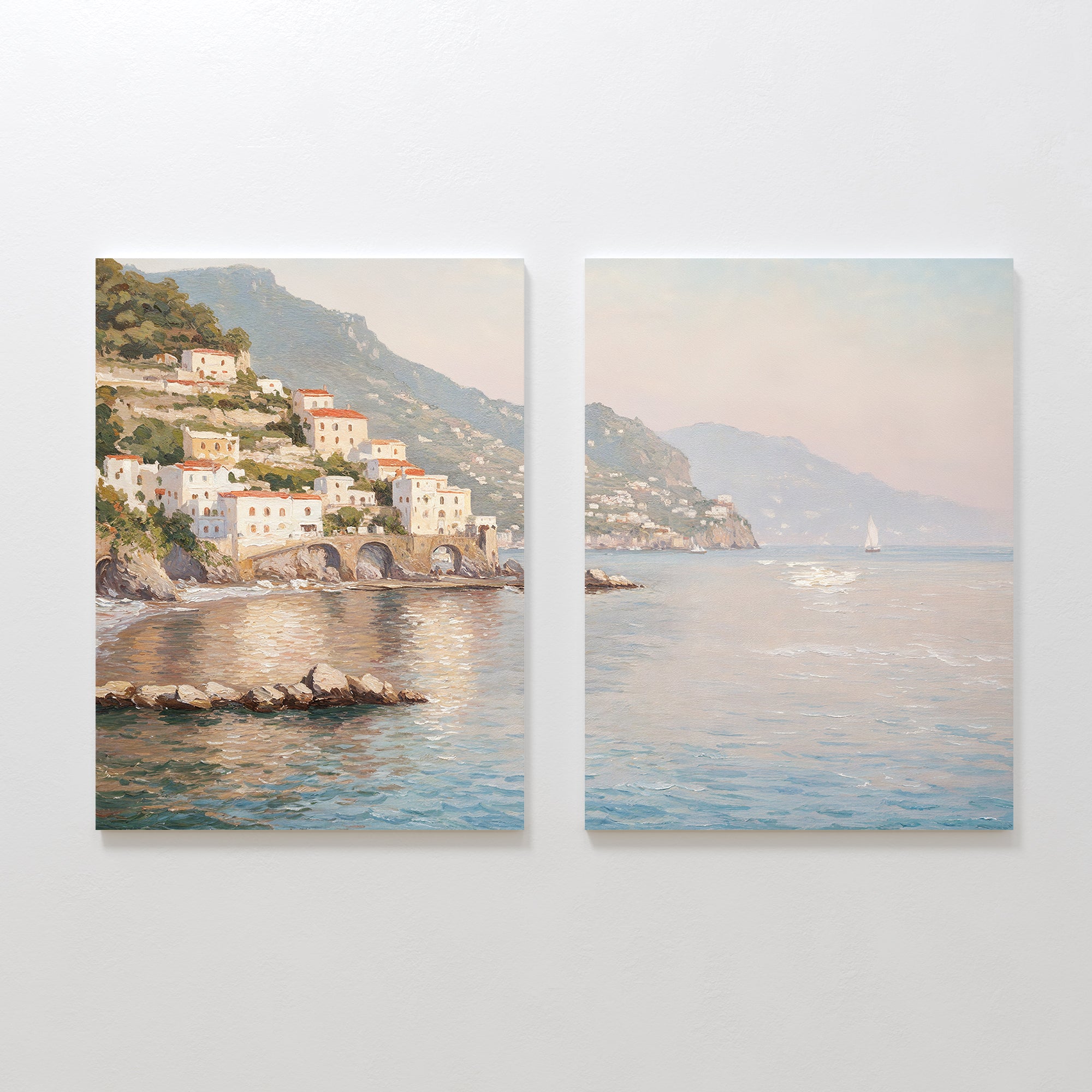 Mediterranean Dreams - Set of 2 features side-by-side paintings of a coastal village with colorful cliffside homes, blue water, rocky shore, and a distant sailboat—perfect wall art for adding serene Mediterranean decor to your space.