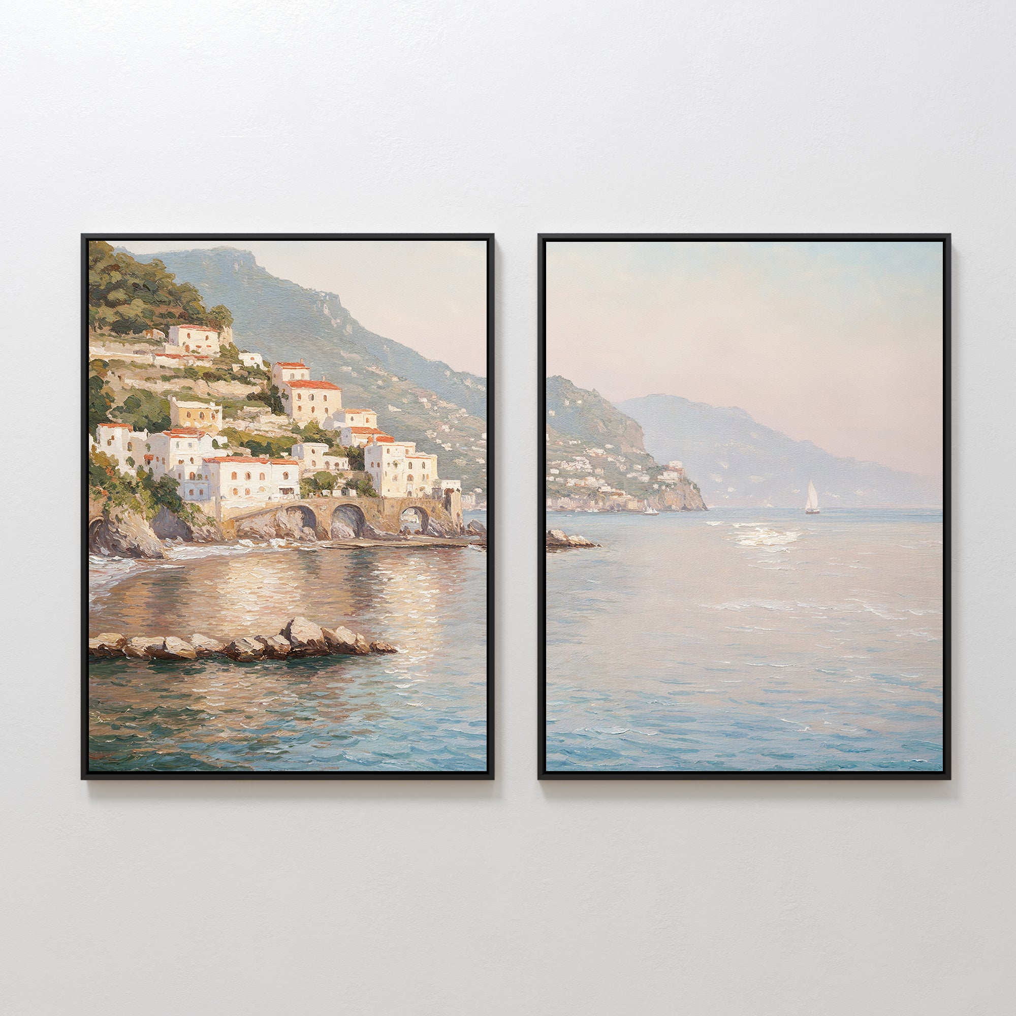 Mediterranean Dreams - Set of 2: This duo features framed wall art—one with hillside coastal village houses by the sea, the other with a tranquil ocean, mountains, and sailboat—ideal for adding serene décor to any space.
