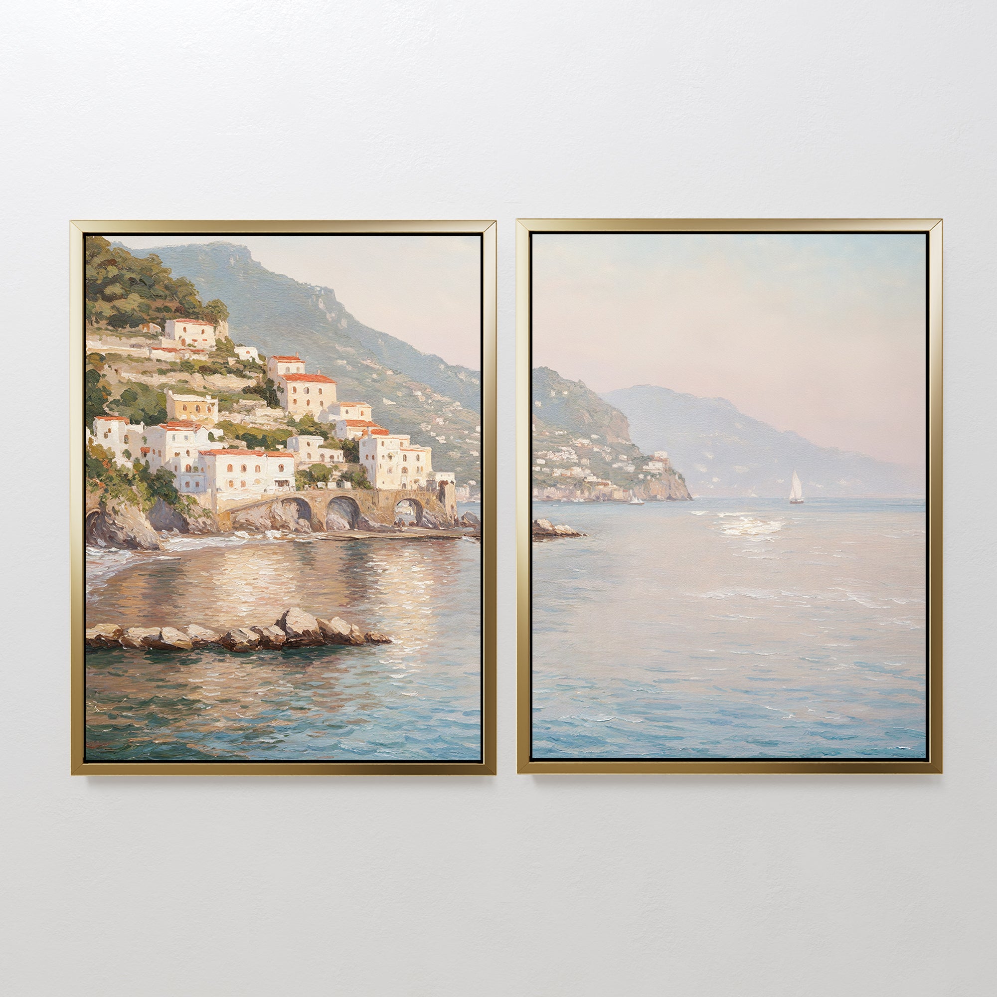 Mediterranean Dreams - Set of 2: one canvas features colorful hillside houses, the other a tranquil sea with distant mountains and a sailboat—perfect serene Mediterranean wall art for your home.