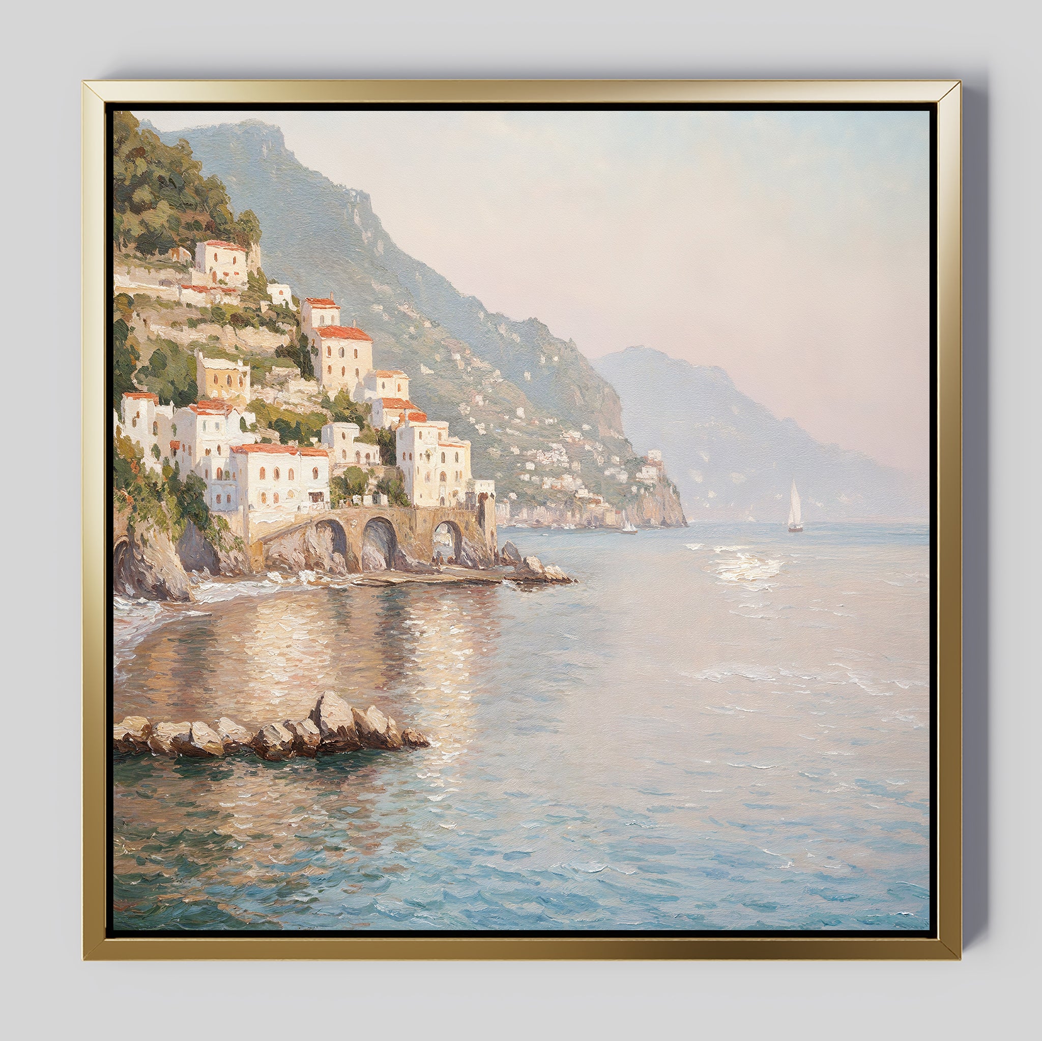 Mediterranean Dreams Canvas Art - Square: A framed print of white hillside houses, rocky outcrops, and a tranquil blue sea—ideal Mediterranean wall art to add serene home decor to any room.