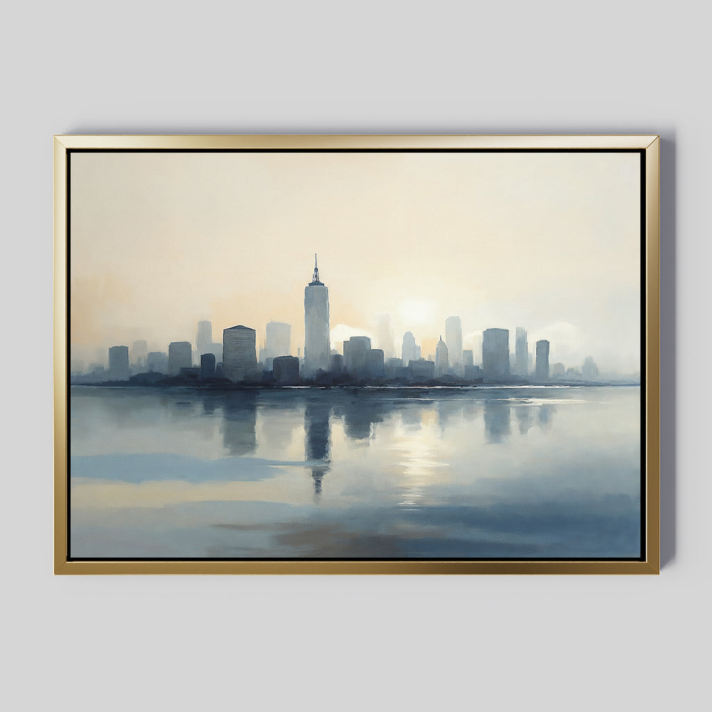 The Metropolitan Dawn Canvas Art - Horizontal showcases a serene city skyline at sunrise, with tall buildings mirrored in tranquil water and soft blue-beige tones—an ideal piece to bring urban calm to your space.