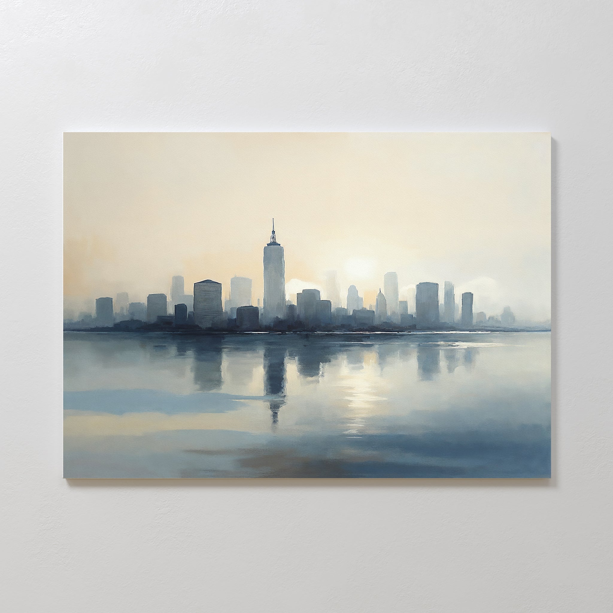 The Metropolitan Dawn Canvas Art - Horizontal depicts a serene city skyline at sunrise or dusk, with tall buildings mirrored in calm waters beneath a hazy blue and beige sky.