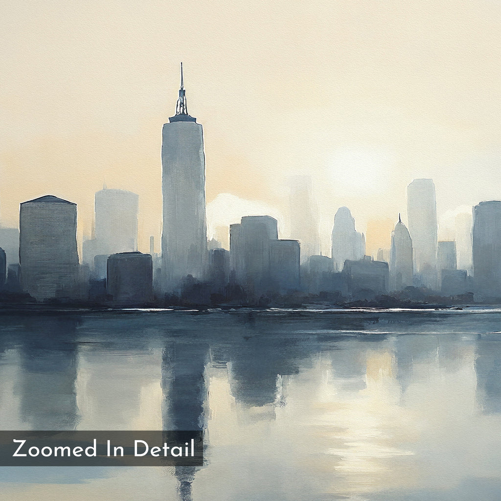 Metropolitan Dawn Canvas Art - Horizontal depicts a pastel city skyline with tall buildings reflected in calm water and gentle sunlight, capturing urban tranquility. "Zoomed In Detail" appears in the bottom left.