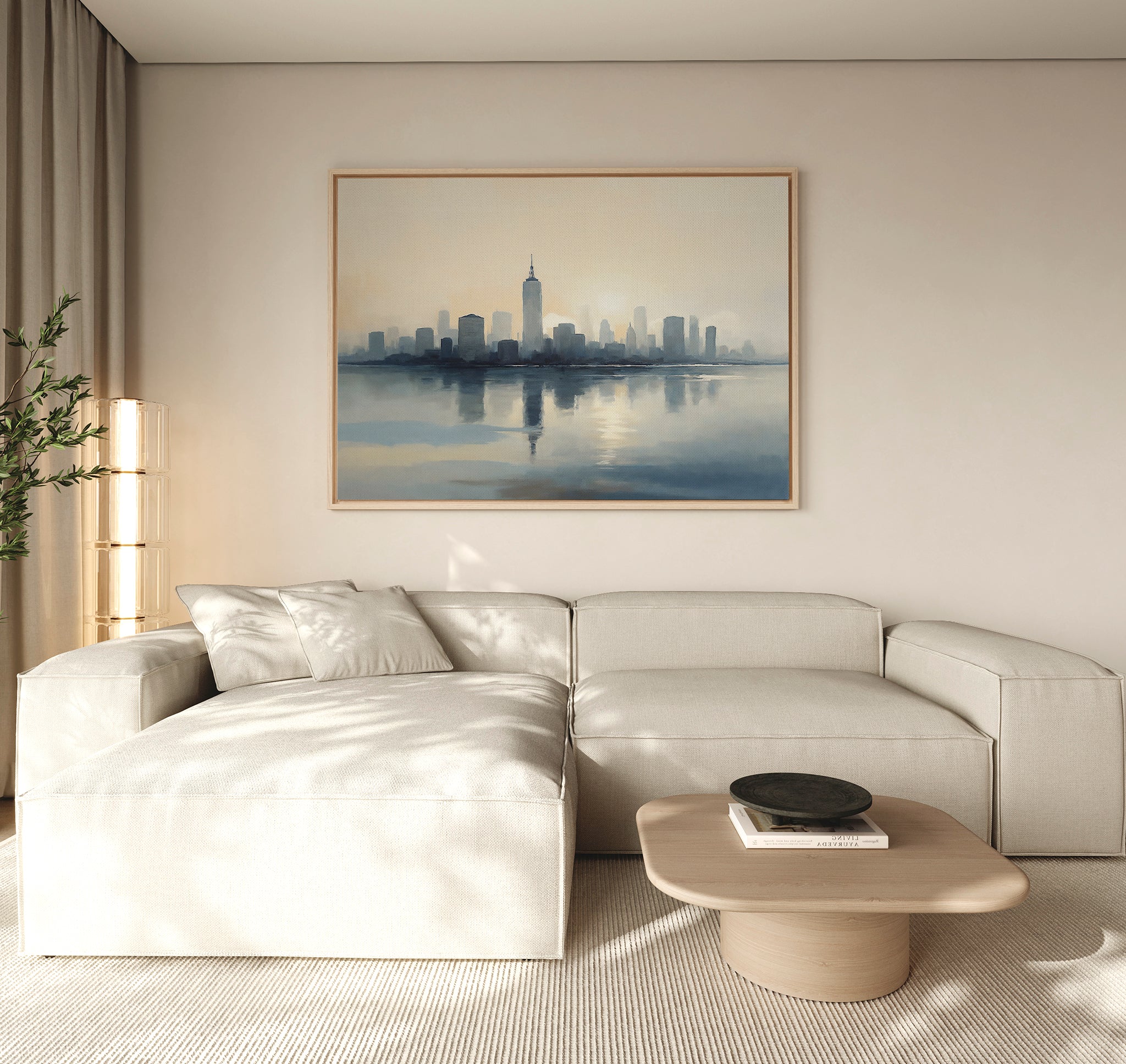 A modern living room with a white sectional sofa, light wood coffee table, potted plant, floor lamp, and the Metropolitan Dawn Canvas Art - Horizontal adding urban tranquility above the sofa.
