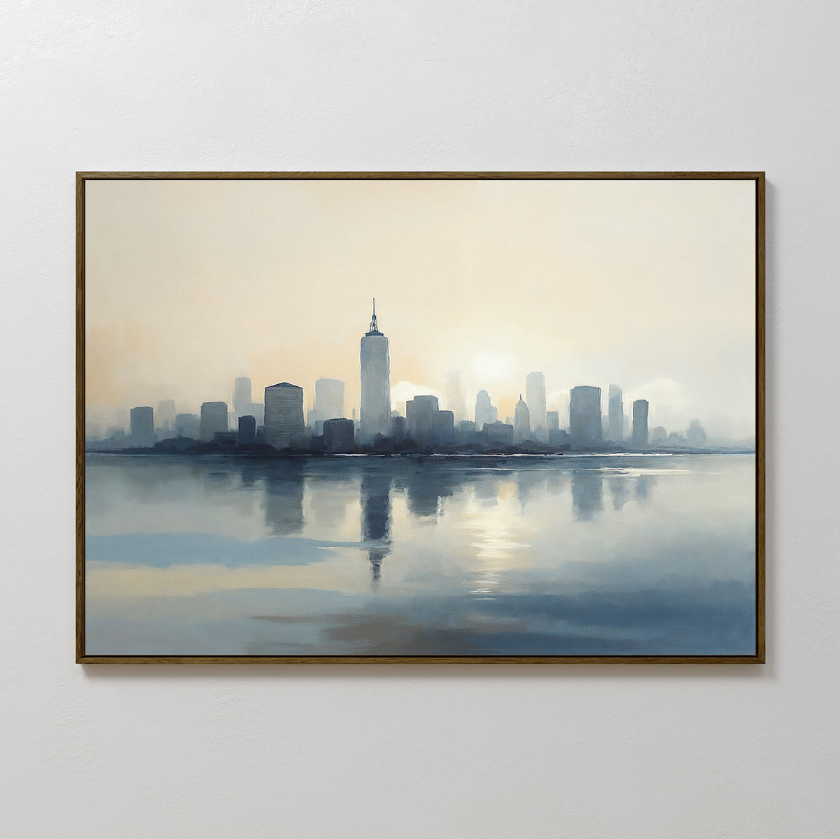 Metropolitan Dawn Canvas Art - Horizontal features a city skyline at sunrise or sunset, with tall buildings reflected in calm water and soft, hazy light for an urban sense of tranquility.