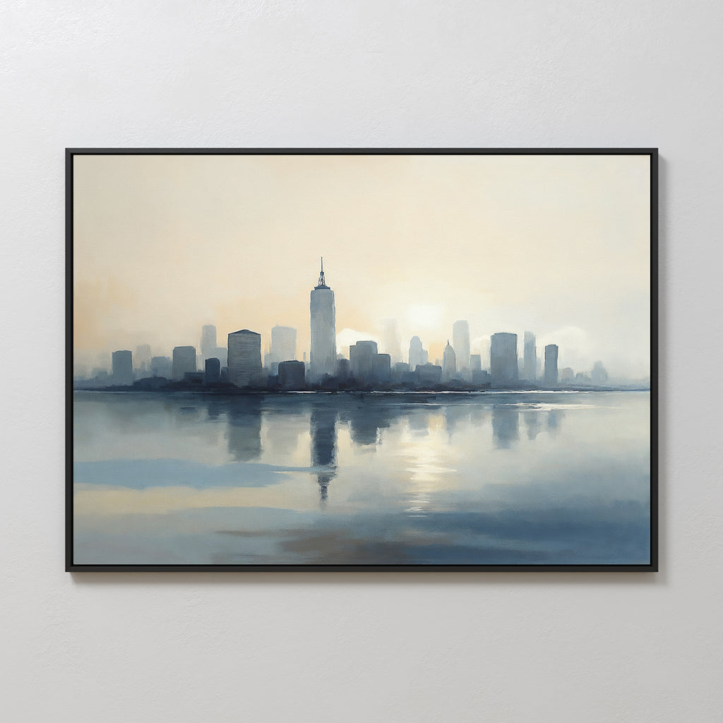 The Metropolitan Dawn Canvas Art - Horizontal showcases a city skyline at sunrise, with tall buildings mirrored on calm water and soft, muted colors for a serene urban vibe.