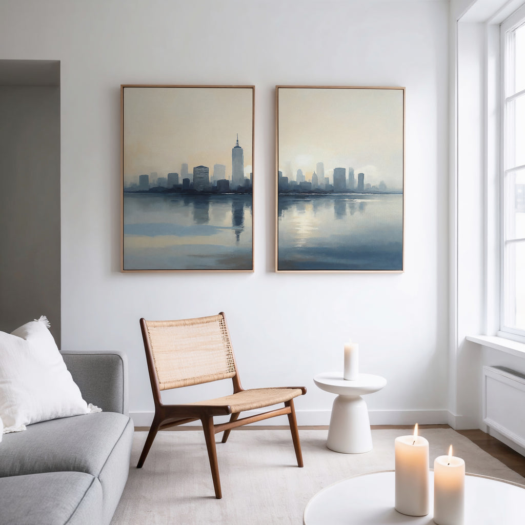 A modern, minimal living room features a wooden chair, small round table, and lit candles. Above the chair hang two "Metropolitan Dawn - Set of 2" city skyline artworks on a white wall, with natural light streaming through large windows.