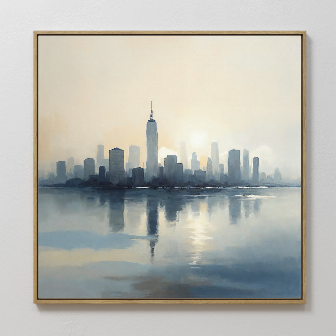 The Metropolitan Dawn Canvas Art - Square features a city skyline at sunrise with tall buildings reflected on calm water, offering serene urban wall decor in soft, muted tones for any space.
