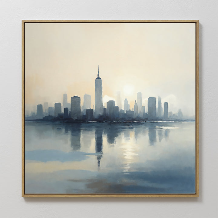 The Metropolitan Dawn Canvas Art - Square features a city skyline at sunrise with tall buildings reflected on calm water, offering serene urban wall decor in soft, muted tones for any space.
