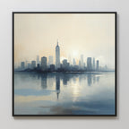 Metropolitan Dawn Canvas Art - Square: A framed city skyline at sunrise with tall buildings mirrored in still water, in soft blue and beige tones. Ideal modern urban wall art for any space.
