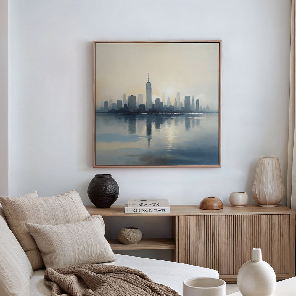 A cozy living room featuring a beige couch, neutral cushions, wooden cabinet, decorative vases, books, and the Metropolitan Dawn Canvas Art - Square city skyline reflected in water hanging on a white wall.